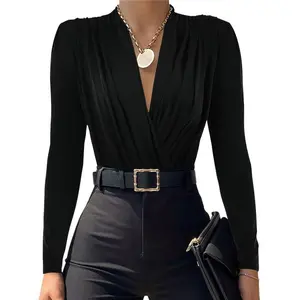 Women’s V-neck pleated long-sleeve fitted top with fashionable, elegant pleats, solid color, soft chiffon, slim fit GARMENTARY