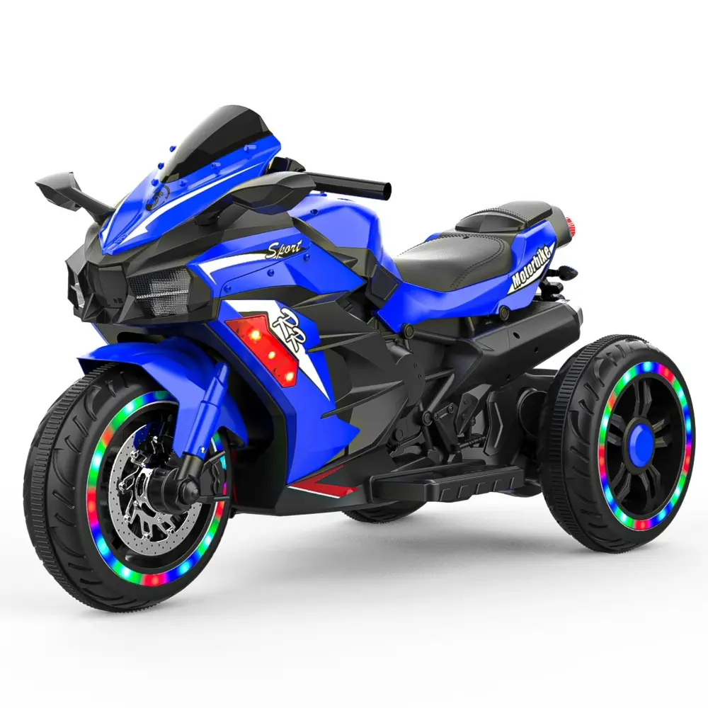 12V Electric Dirt Bike Ride-On Toy for Kids - Light Blue Iron Frame Motorcycle with Music, LED Light, MP3 Port, Realistic Look, Environmentally Friendly Birthday Christmas Festival Gift