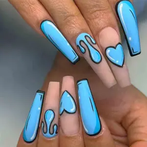 Comic Blue Press on Nails Extra Long, Acrylic Fake Nails Coffin Cartoon LOVE,Artificial Nails for Women and Girls, 24 pcs