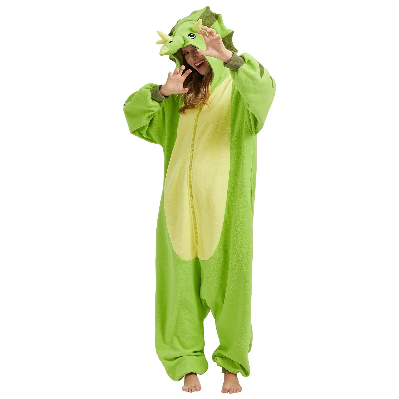 Cartoon Triceratops Onesie Pajamas, Green Triceratops One-Piece, Dinosaur, Halloween, Christmas, Cosplay Plush Hooded Robe Dress tiktokshopspringglowup red dress Set Slim Fit Seamless Bodysuit Wearable women black design