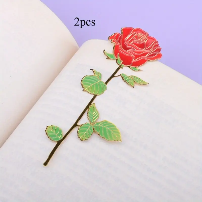 2pcs Elegant Copper Rose Flower Bookmark - Creative & Cute Design with Red and Green Detailing, Ideal for Book Lovers, Elegant Bookmark|Sophisticated Style|Detailed Engravings, Book Lover Gifts