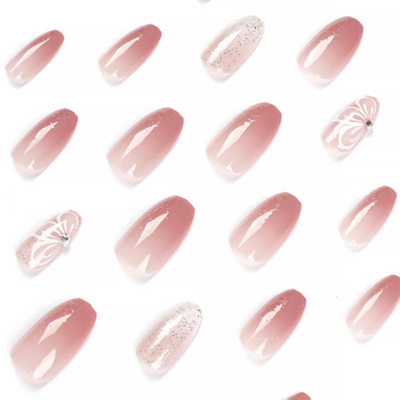 Elegant 24Pcs Medium Long Gradient Pink Press-On Nails with White Flower & Rhinestones Glitter Coffin False Nails Full Cover Glue-On Acrylic Nails for Women Girls Easter Birthday Gift Set