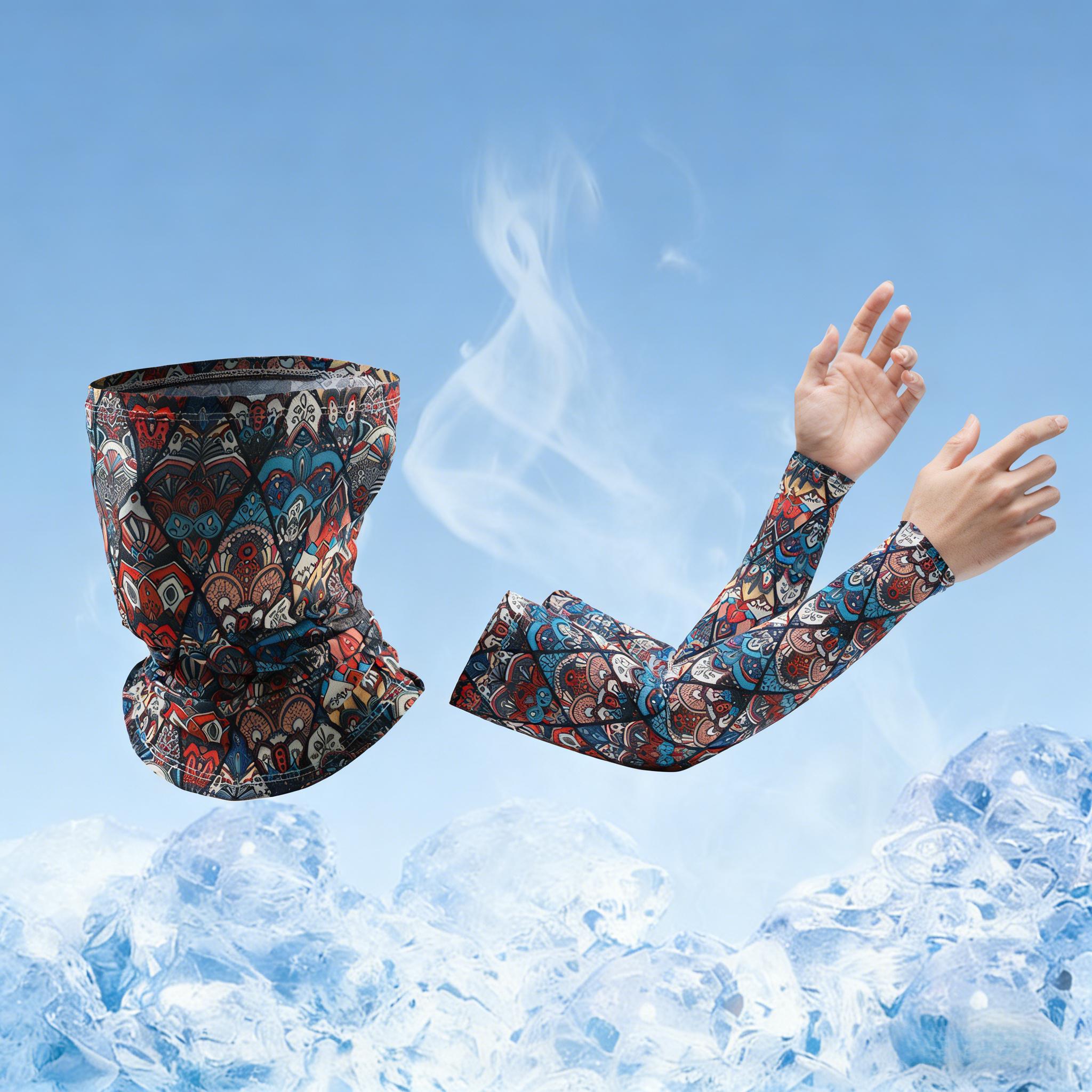 UPF 50+ Ice Silk Sun Protection Set, Boho Print Breathable Quick Dry Neck Gaiter & Arm Sleeves, Unisex UV Protection Gear for Motorcycle, Cycling, Fishing & Summer Outdoor