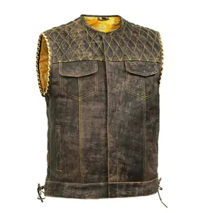DANIEL SMART Rust Rider Men’s Motorcycle Leather Vest - Antique Brown, Perforated Panels, Dual-Color Embroidery, Adjustable Side Laces, Hidden YKK Zipper, Heavy-Duty Stitching
