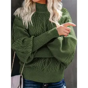 Cable Knit Drop Shoulder Sweater, Elegant Turtle Neck Long Sleeve Sweater For Fall & Winter, Women's Clothing