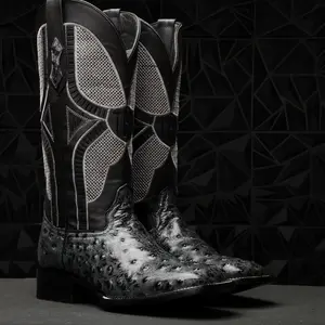 Grey Ostrich Leather Boots - Square Toe