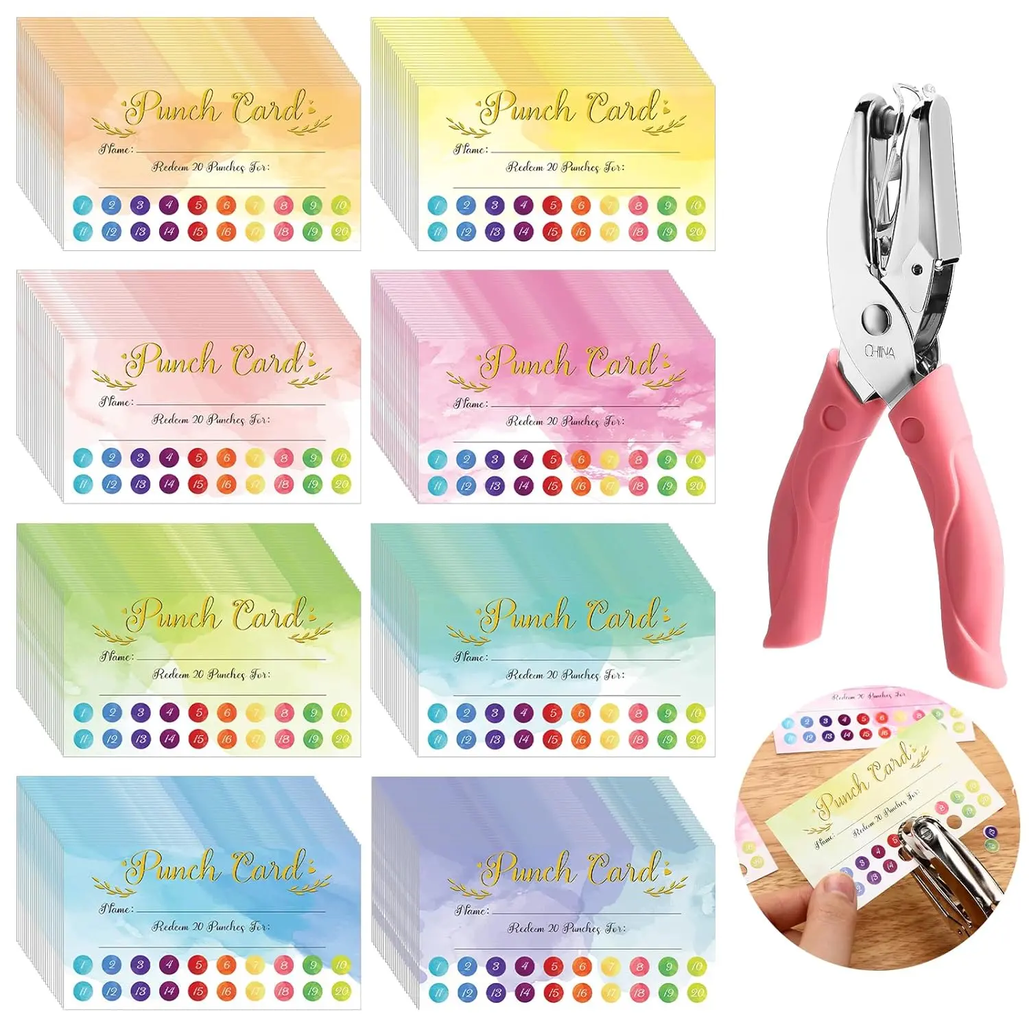 200 Piece Reward Punch Card Set with Hole Puncher for Classrooms and Small Business