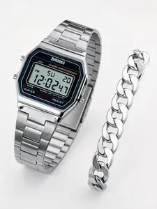 Skmei Retro Classic Digital Watch for Men and Women, Stainless Steel Strap, 30m Waterproof Wrist Watch, Clock Timer Glow-In-The-Dark, Casual Style