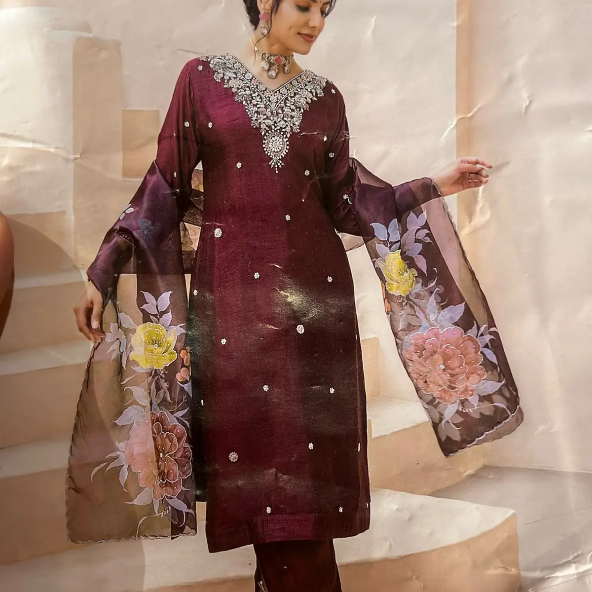 Beautiful Boutique Moti/Jari Handwork Silk Kurtha Suit with Organza Shawl (size 38 to 50)