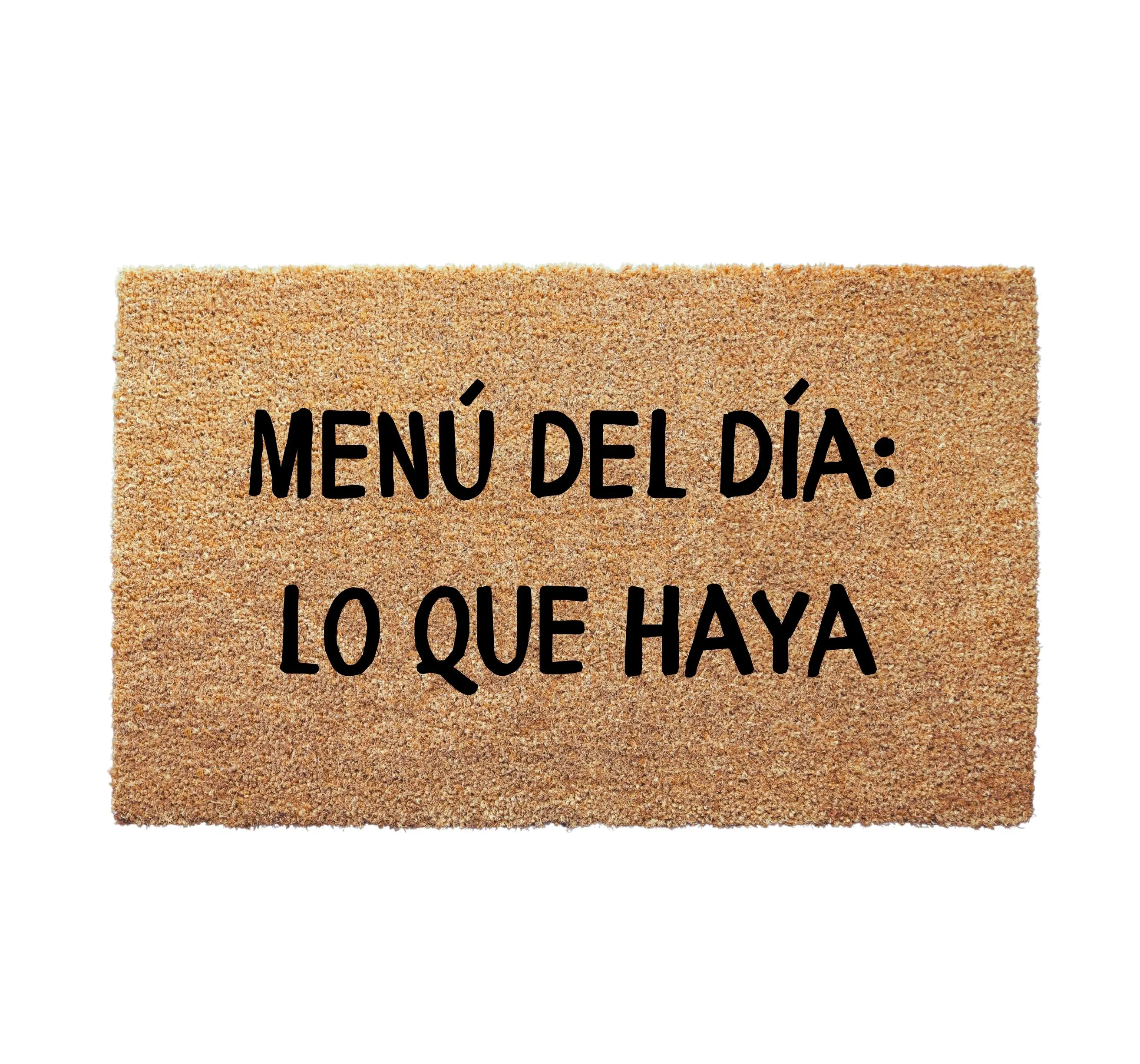 Spanish Funny Organic Coconut Coir Doormat - Cozy Handmade Welcome Gift with Non-Slip Backing Available in 16x24" 17x30" 24x36" Sizes Modern Design Menú Del Día Lo Que Haya Print
