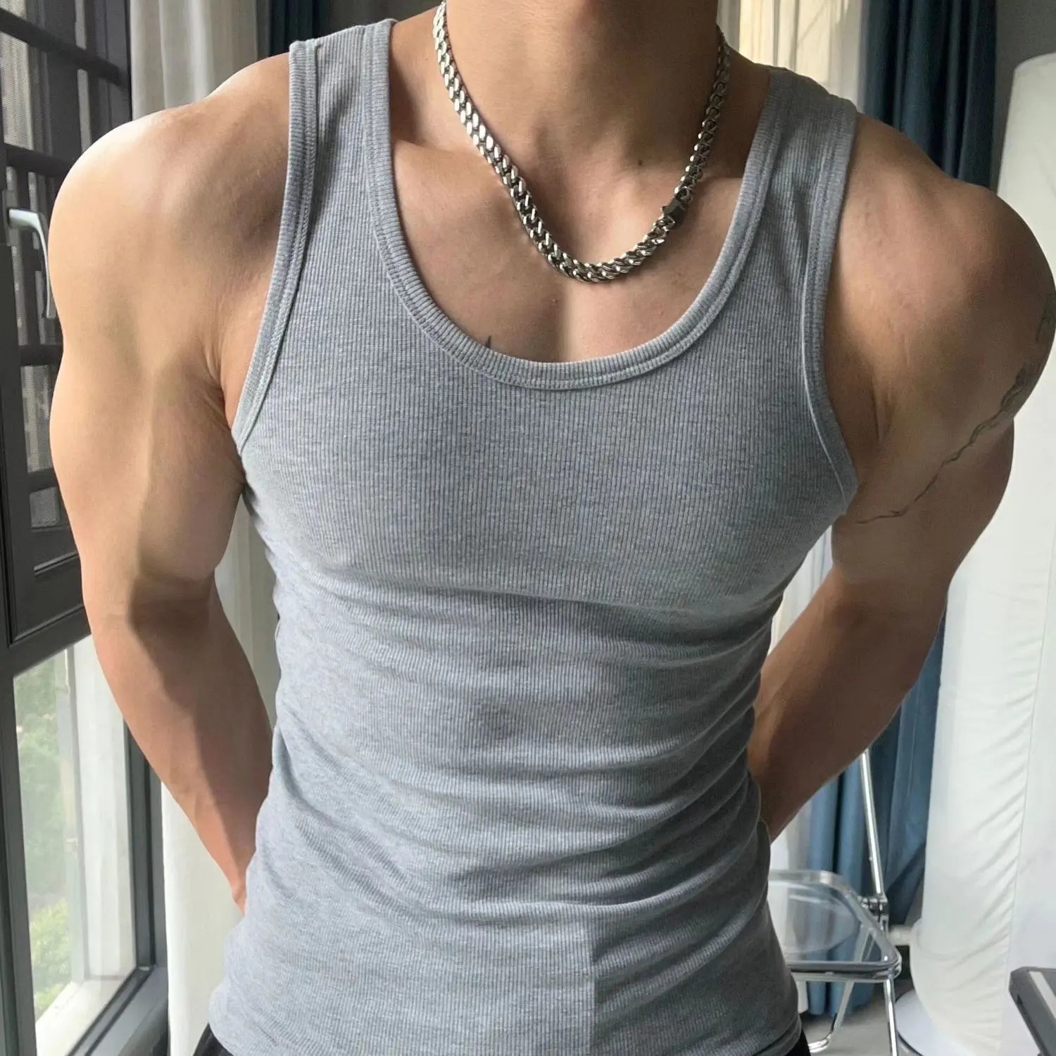 Pure Cotton Sweat-Absorbing Tight Elastic Sleeveless Tank Top for Men's Fitness Running Training Vest