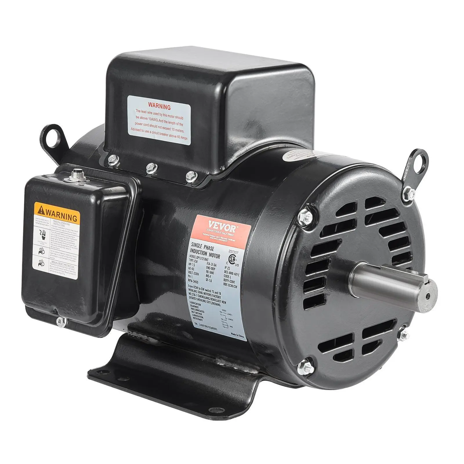 【Fallpicks】VEVOR High Performance Reversing Single-Phase Air Compressor Motor, 7.5HP 230V 60Hz 31.6Amps Electric Motor, 3450RPM 184T Frame, 1-1/8" Keyed Shaft 2.75" Length, Dual Rotation (Factory CCW), Open Drip-Proof, Safe & Durable for Dry Environments