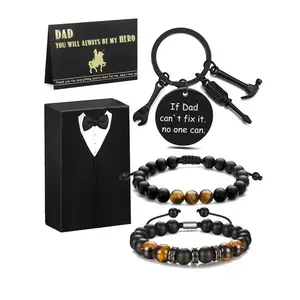 Men's Fashion Beaded Adjustable Bracelet with Keychain, Fashion Jewelry Set for Party, Daily Clothing Decor, Trendy All-match Jewelry As Gift with Box & Greeting Card