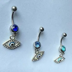 Stainless Steel Belly Piercing with Blue Crystal Eye Charm & Rhinestone Accents