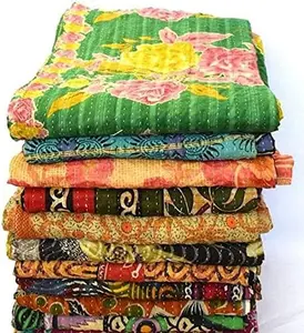 Twin Cotton Quilt, 5pcs Reversible Vintage Bedspreads, Kantha Stitch Blanket, Hand Embroidered Gudari, Multicolor, 85x55Inch, Dry Clean Only