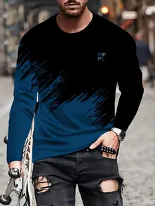 Harajuku Streetwear Trend Men's Round Neck Long Sleeve T-Shirt, Patchwork 3D Graphic Print Casual Loose Fit Top for Fall & Winter