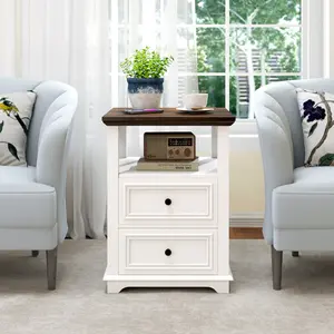 18" End Tables for Living Room Farmhouse Night Stand with Charging Station Side Tables for Bedroom with 2 Drawers Bedside Table Rustic Wood