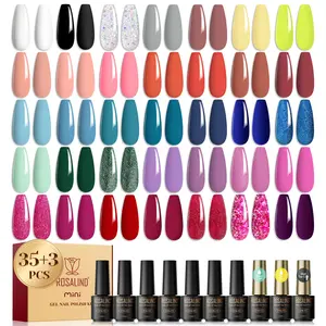 ROSALIND 38PCS Gel Nail Polish Set 35 Pcs Classic Colorful Glitter with 3Pcs Base Coat Glossy and Matte Top Coat Gel Polish Set for Manicure Lovers and Beginners
