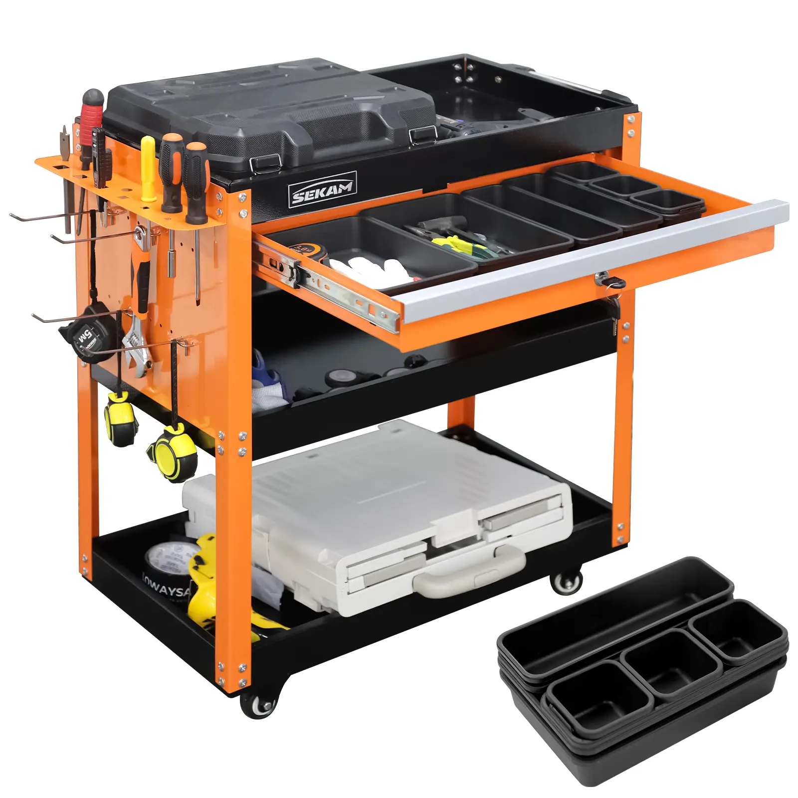 Sekam 330 LBS Capacity 3 Tier Rolling ToolCart -Heavy Duty Utility Organizer withWheels,Storage Drawer, and Industrial-Grade Design, Three-Tier Utility Carts, 3-Tier Utility Carts