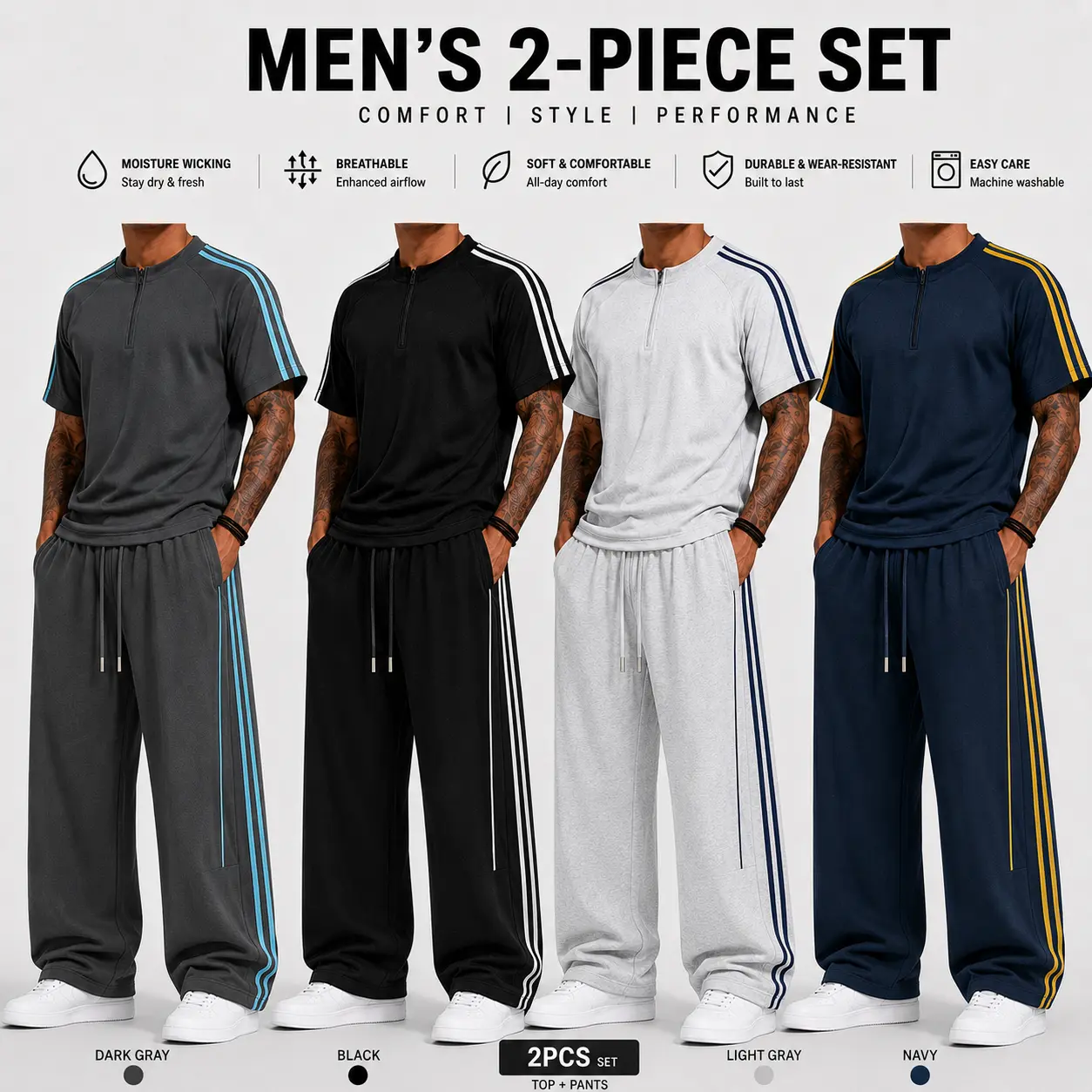 Summer two-piece casual set: comfortable, soft, moisture-wicking, two-stripe design. Non-pilling, colorfast, retains shape, secure stitching, durable—ideal for leisure sports, running, and outdoor wear.
