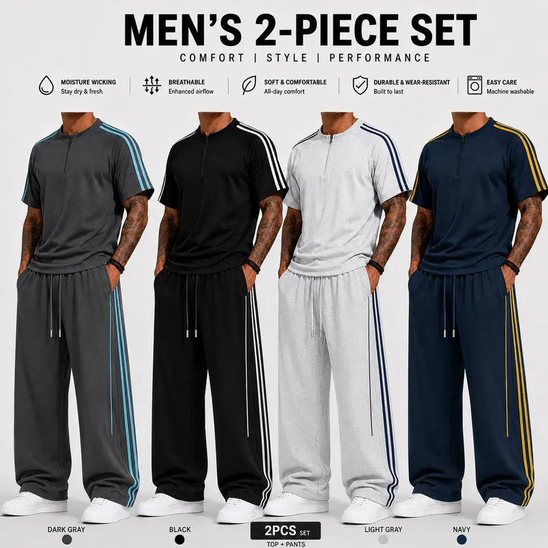 Men's 2-Piece Short Sleeves Set - Comfortable, Soft, Moisture-Wick, 2-Stripes, Non-Pilling, Colorfast, Shape-Retaining, Secure-Stitching, Durable Running Workout Suit for Leisure Sports, Gym Sports Set