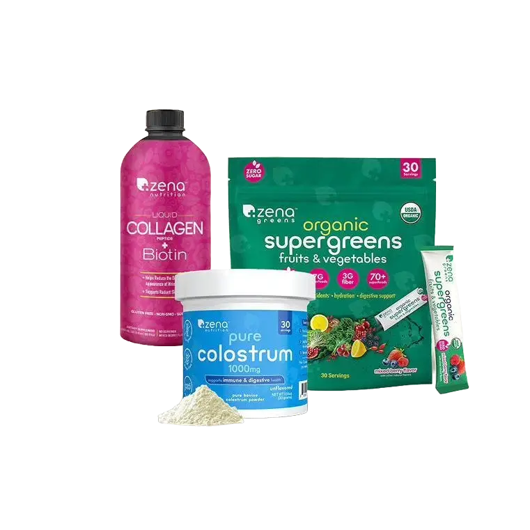 Zena Nutrition Ultimate Wellness Supplement Bundle – 3-in-1 Daily Health Stack | 1000mg Colostrum, 30 Supergreens Stick Packs, 60 Servings Liquid Collagen + Biotin
