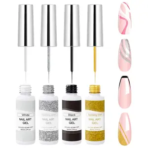 Gel Liner Nail Polish Set,4 Colors Black White Nail Polish Gold Silver Glitter Liner Gel with Thin Brush in Bottle for Swirl/Euphoria French Tips Manicure Painting 8ml