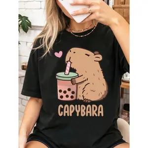 Women's Casual Creative Cute Capybara Graphic Print Basic Short Sleeve Tee, Stylish