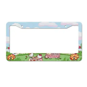 Sanrio Hello Kitty Holiday Style License Plate Holder with Cute Garden Design and Pink Car Background Unisex Accessory