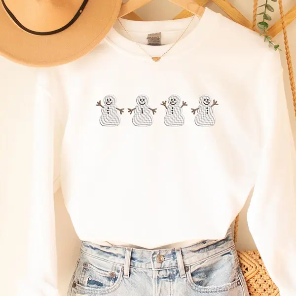Women's Cotton Long Sleeve Embroidered Snowman Sweatshirt - Cute Holiday Crewneck, Funny Christmas Top with Matching Fit, Cozy Winter Gift