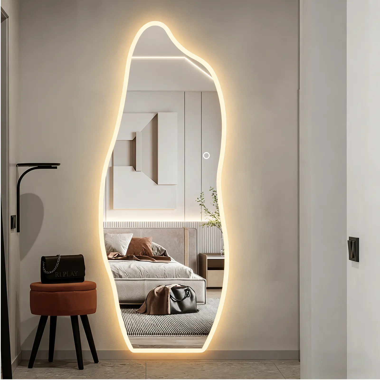 rregular wavy LED full-length mirror | Tempered glass | Dimmable touch-controlled wall mirror, perfect for modern home decor, suitable for bedrooms and entryways