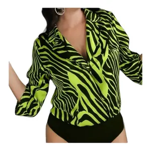 Lime Zebra Print Bodysuit - Wild and Chic Neon Green & Black V-Neck Long Sleeve Top for Women