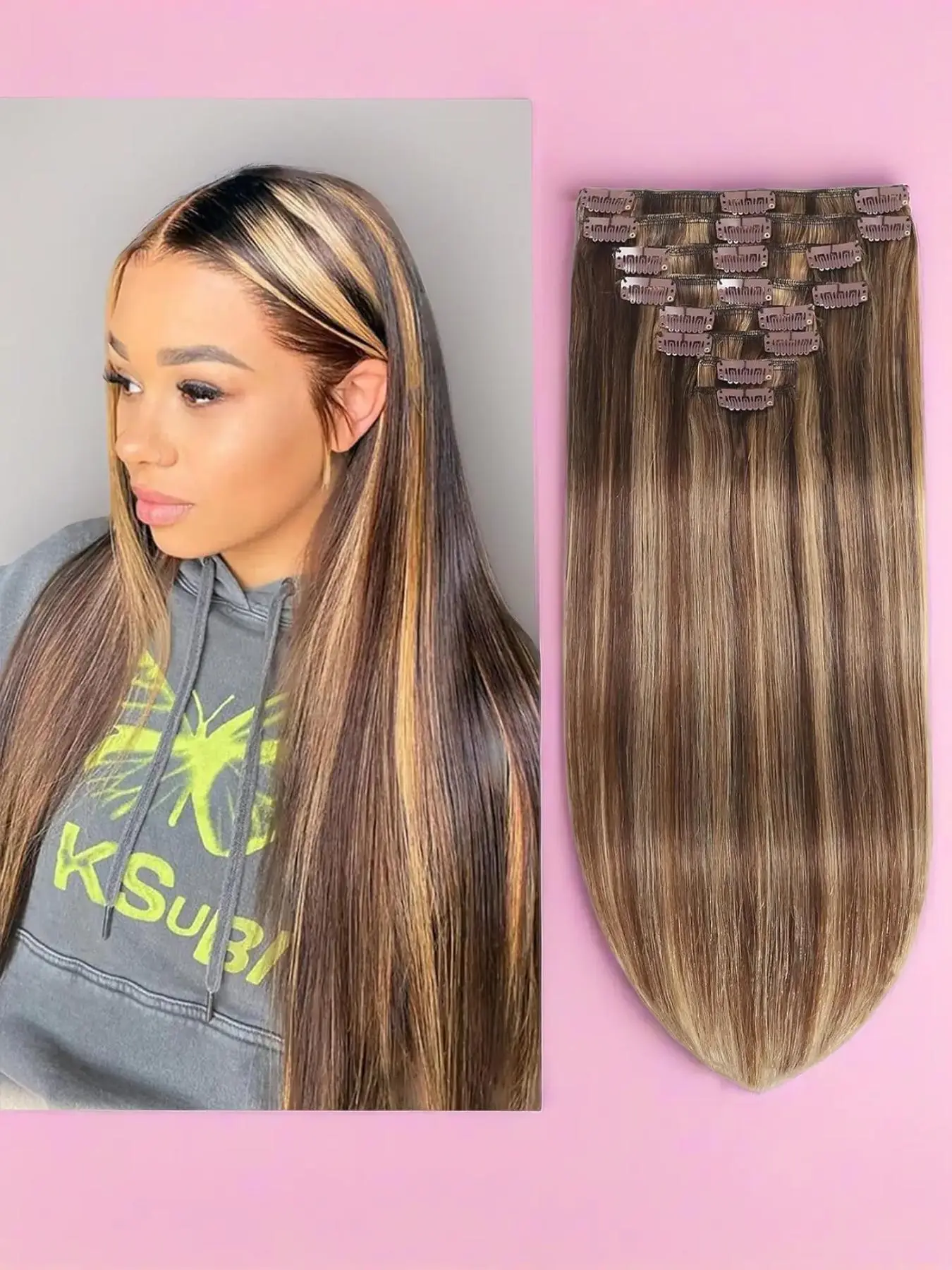 Clip in Hair Extensions Real Human Hair 8pcs Honey Blonde Human Hair Extensions Glueless Silky Straight Double Weft Remy Human Hair for Women Natural Human Hair #P427