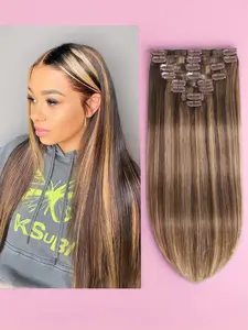Clip in Hair Extensions Real Human Hair 8pcs Honey Blonde Human Hair Extensions Glueless Silky Straight Double Weft Remy Human Hair for Women Natural Human Hair #P427
