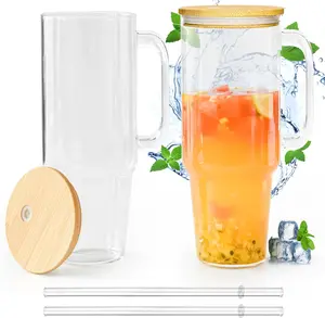 40 oz Glass Tumbler with Handle 2 Pack Glass Cups with Lids and Straws Wide Mouth Iced Coffee Cups for Smoothie,  , Soda, Fruit Juice,  with  Lids