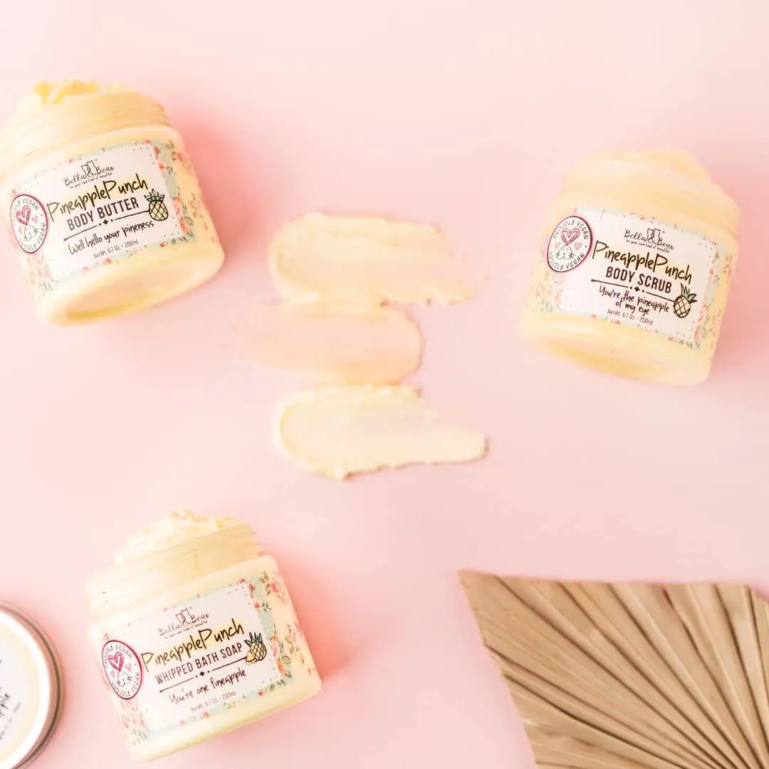 BELLA & BEAR Tropical Getaway Pineapple Punch Trio Exfoliant, Soap & Moisturizer Set with Glycerin for Hydrating Moisture & Skin Repair