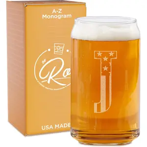 Mogram  Glasses for Men (A-Z) 16 oz - Engraved  Gifts for Men Bror S Dad Neighbor -  Christmas Gifts for Him - Persalized Drinking   Glass Mugs (J)
