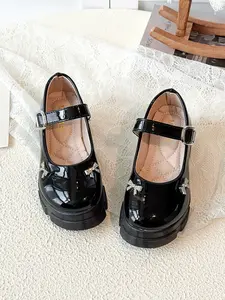 Girls' Mary Jane Thick Sole Shoes, Sparkling Rhinestone Bow Decor, Anti-Slip PU Leather, Adjustable Buckle Strap, Casual Princess Style