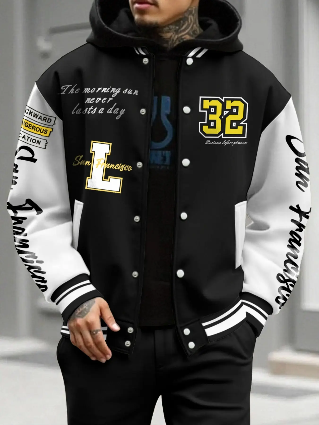 Men's Fall Winter Color Block Varsity Jacket, San Francisco L Letter Number 32 Slogan Patch Print Button Up Baseball Coat, Hip Hop Street Outerwear for Daily School Dating Party Travel, Men's Fall Outfits & Winter Outfits