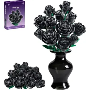 Black Rose Flower Building Blocks Bouquet 12 PCS Gothic Artificial Roses DIY Botanical Set Home Office Gift for Adults Teens Valentines Day Day 512 PCS