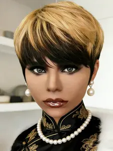 Short Pixie Cut Human Hair Wigs With Bangs For Women Full Machine Made Black Blonde Straight 150% Density Daily Wear Wig