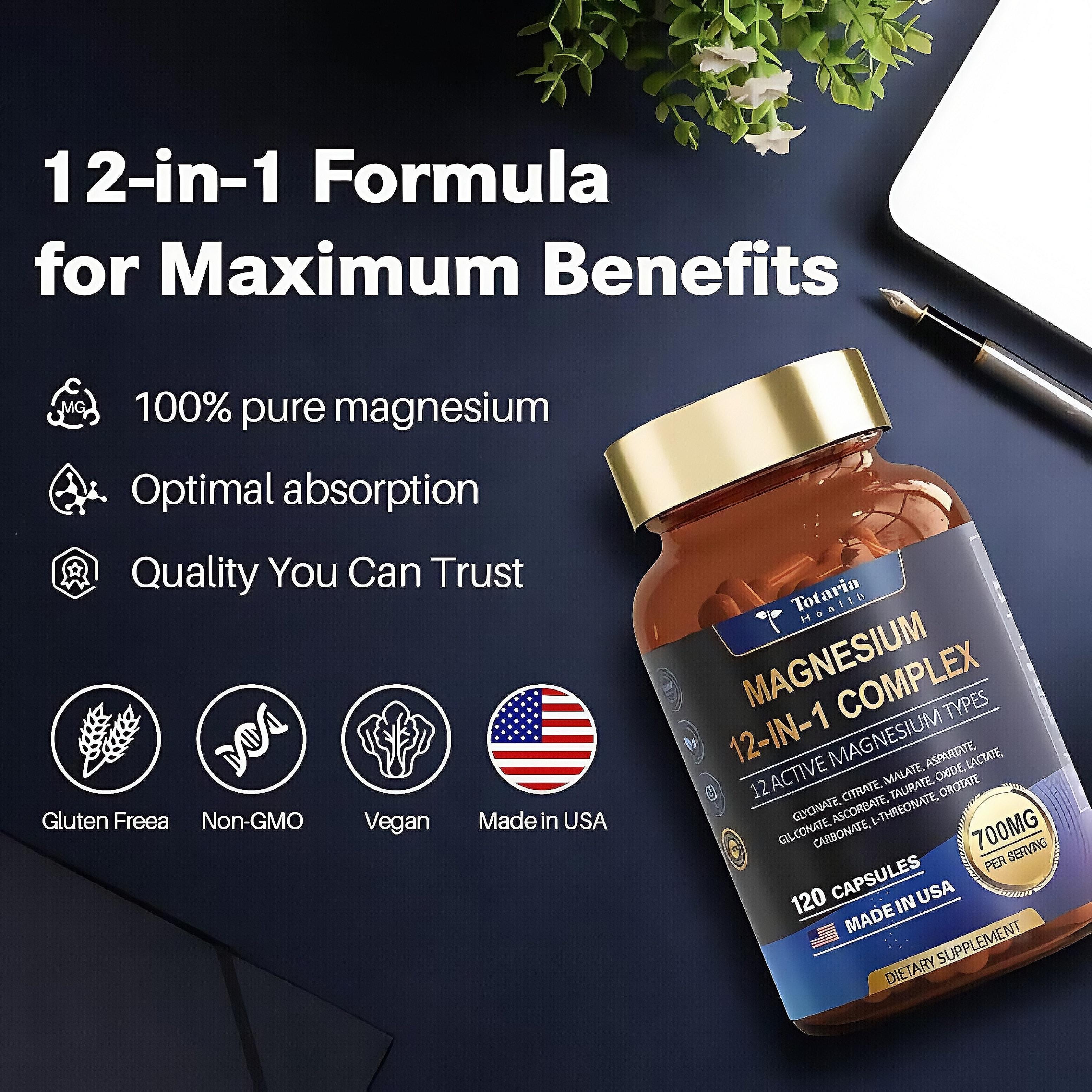 12-in-1 Magnesium Complex 700mg | Glycinate, Citrate, Malate, Oxide, Taurate, Aspartate, Orotate | Vegan Capsules | Supports Muscle Function, Heart Health & Relaxation | Dietary Supplement | Not Intended to Diagnose, Treat, Cure, or Prevent Any Disease