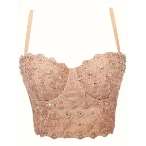 1pc Strapless Lace & Crystal Embellished Bustier Top for Women - Semi-Transparent Floral Design with Shiny Water Crystals, Nylon Elastane Blend, Hand Wash Only, Perfect Weddings Parties, Trim