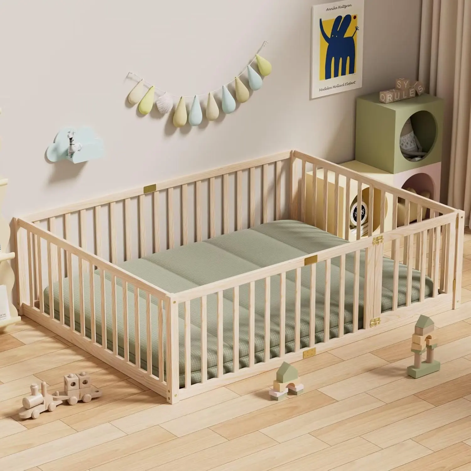 NEKODO Twin/Full/Queen Size Floor Bed with 21.6" High Fence, Solid Wood Multifunctional Montessori Bed Frame with Door for Kids Boys Girls, Without Slats, Natural