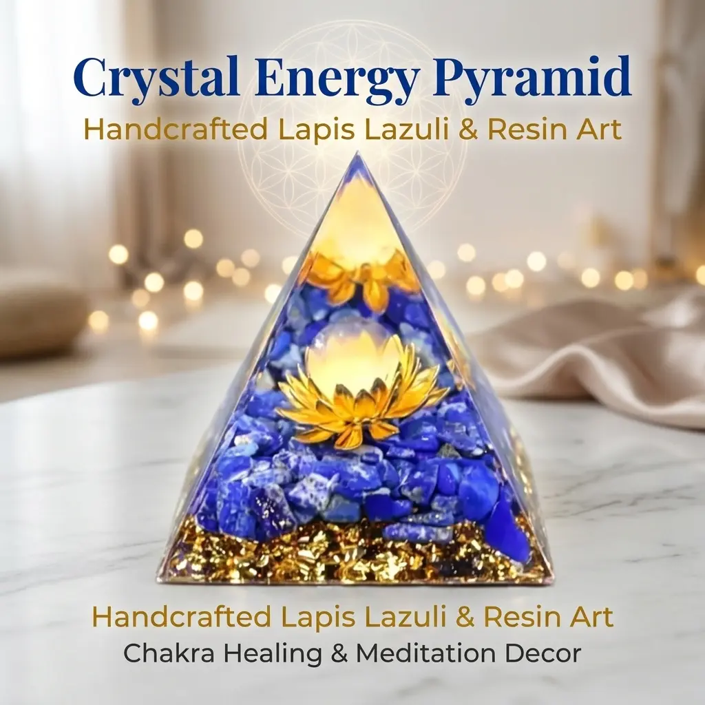 Crystal Ball Pyramid Lapis Lazuli Resin Ornament – Blue Crystal Energy Tower for Chakra Healing & Meditation, 8x8x9cm Handcrafted Spiritual Room Décor & Unique Gift