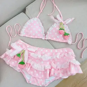 Women's Kawaii Polka Dot 2-Piece Ruffle Beach Party Bathing Suit Set - Lace-Up Halter Bra Top, Ruffle Shorts, Polyester Summer Swimsuits
