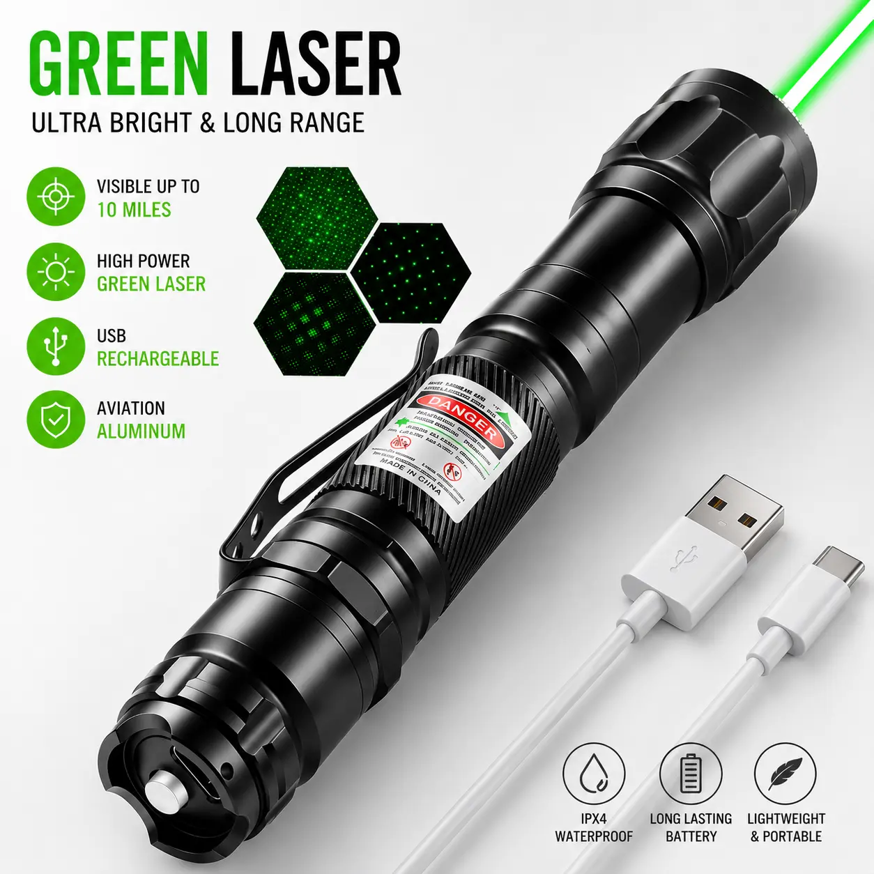 USB Rechargeable Green Laser Pointer - Pocket-Size Aluminum-Body Highlighter Light with Built-In Battery, USB Charger for Teachers, Camping & Outdoor Night Use (Safety-Focused, Power Bank Rechargeable) type-c fast charging