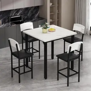 AWQM 5-Piece Dining Table Set, Dining Table Set for 4, Counter Height Table & 4 Bar Stools, Modern Kitchen Dining Set, with Upholstered Chairs, Compact Dining Set for Small Spaces (Walnut Color)