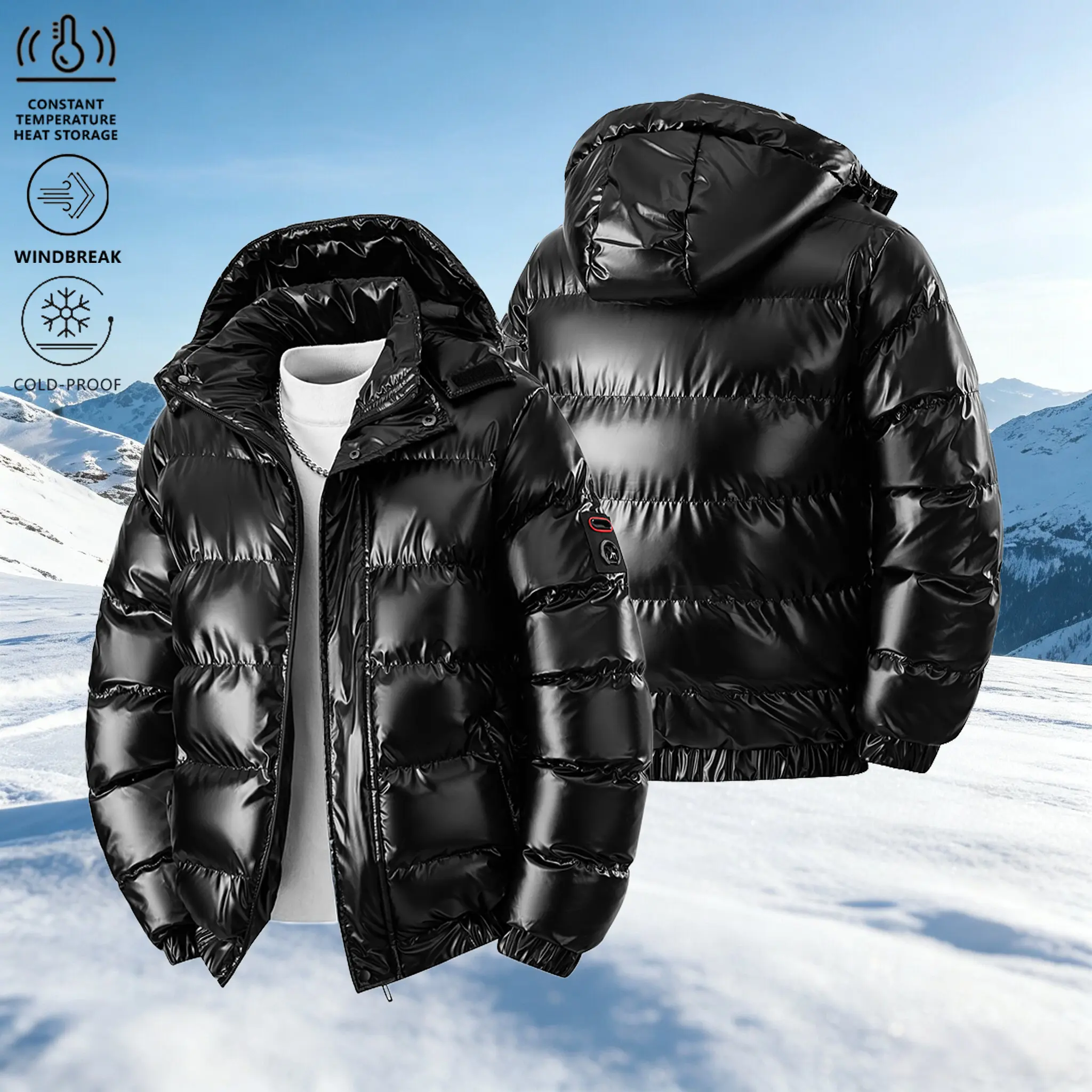 Men's Stylish Glossy Hooded Quilted Insulated Waterproof Winter Coat - Menswear Outerwear with Elastic Cuffs, Hem, Mountain Style Design, Thick Cold-Resistance for Outdoor Skiing, Commuting,sohochic