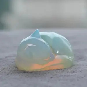 Opalite Crystal Cat Statue Handcrafted Clear Blue Crystal Sleeping Kitten Mineral Specimen Home Desk Decoration Ornaments